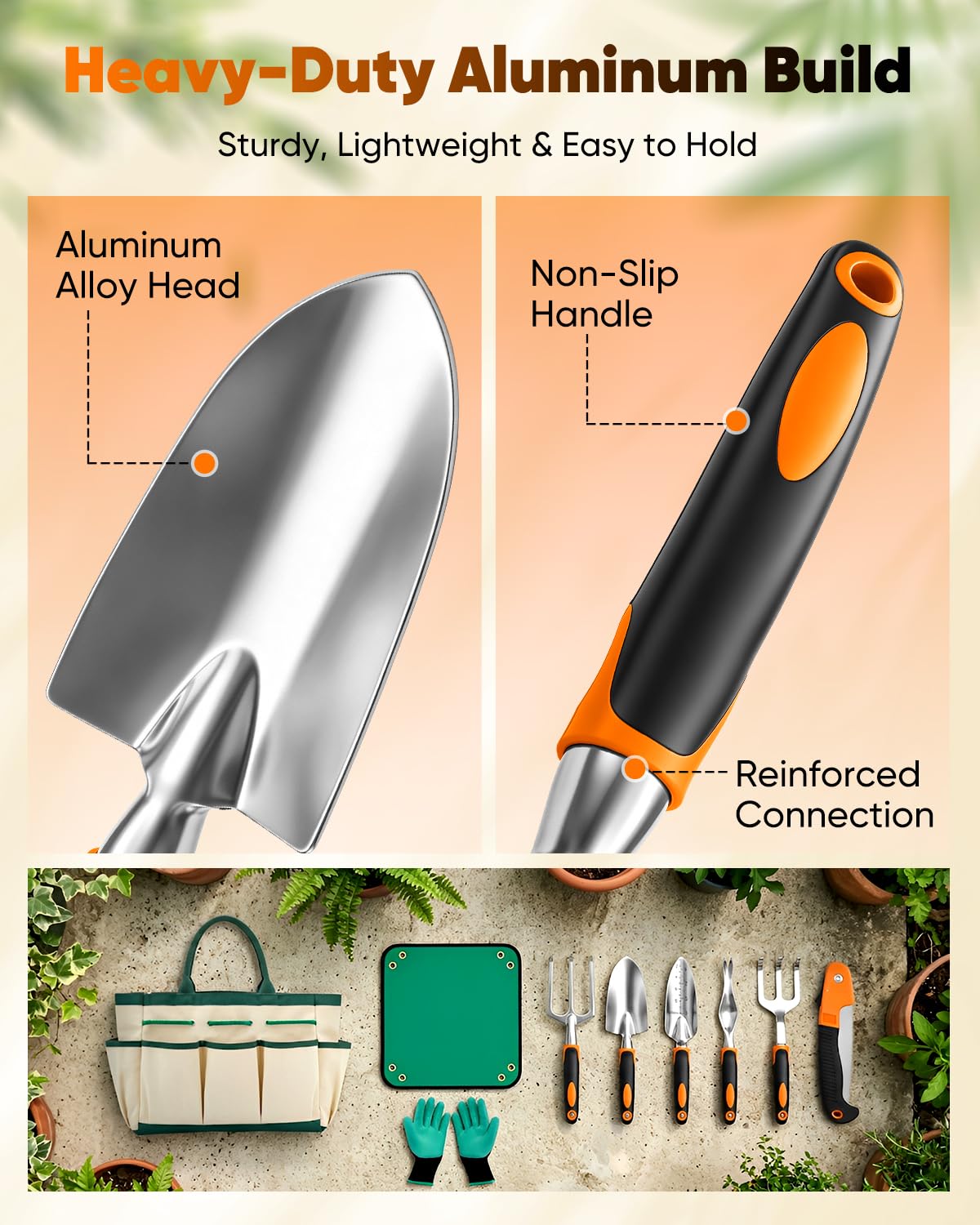 Garden Tool Set Gardening Tools - Heavy Duty Aluminum Tool Kit with Non-Slip Handle, Gardening Gloves and Tool Bag for Weeding, Planting and Pruning, Gifts for Women Mom (Orange Set)