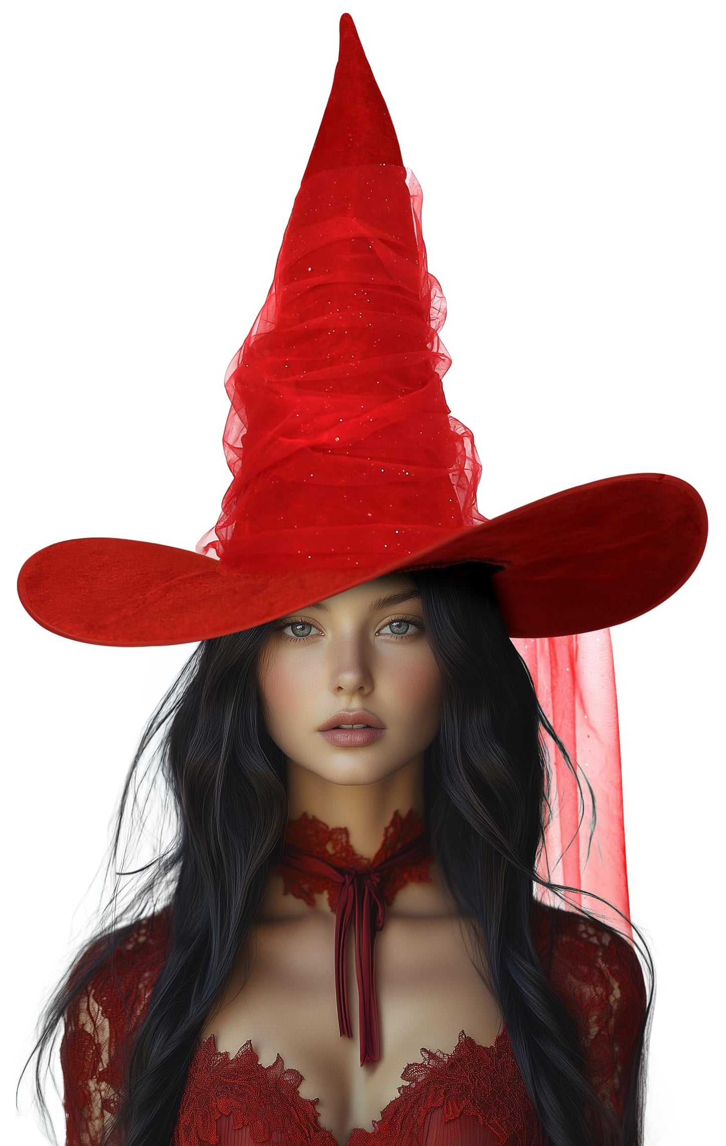 UQJE Women's Red Witch Hat Adult Mesh Witches Hat Halloween Costume-18in