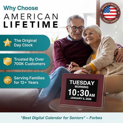 American Lifetime New 2026 Dementia Clock Large Digital Clock for Seniors, Alzeimer Clock Large Display with Custom Alarms, Clock with Day & Date for Elderly, Digital Calendar Premium Mahogany 12"