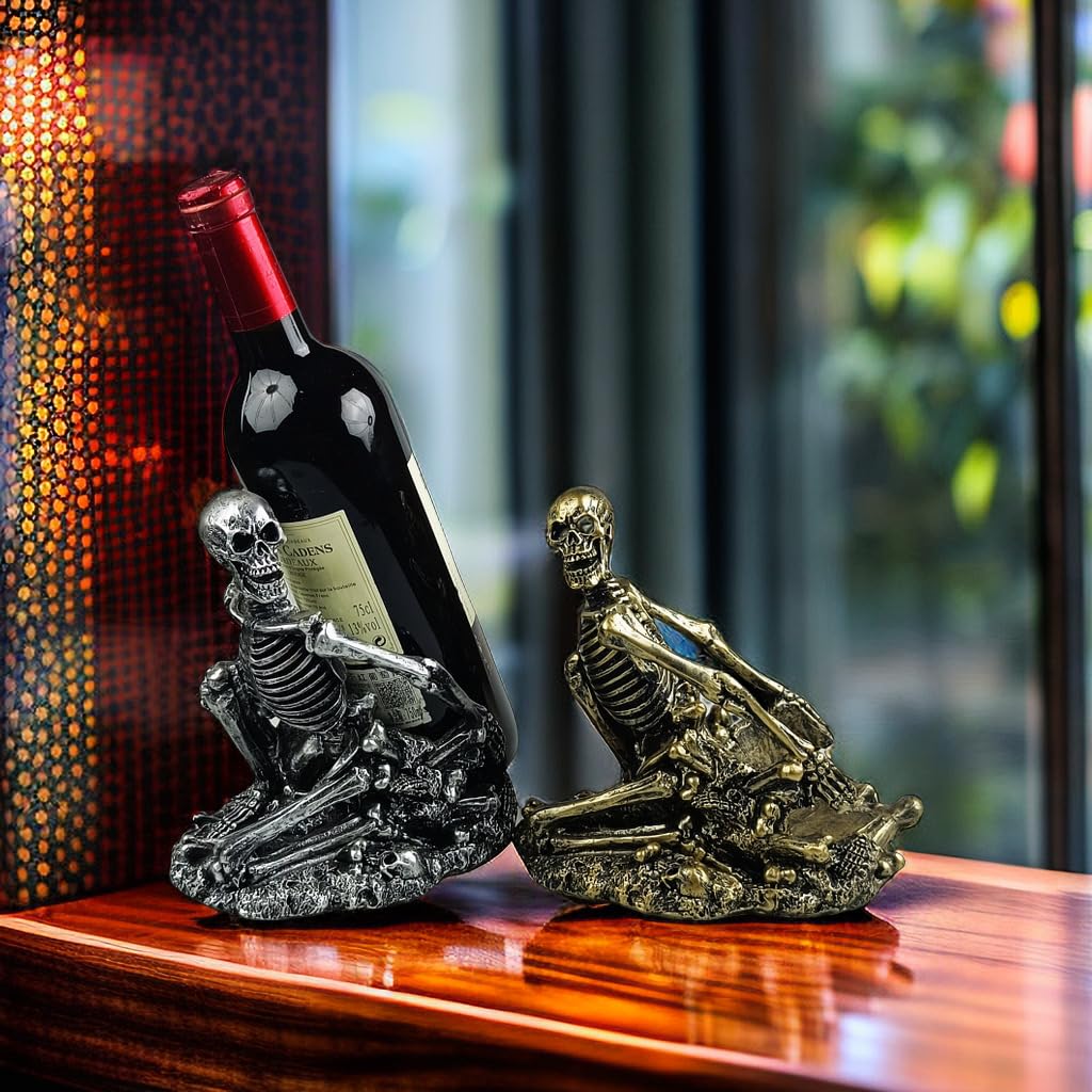 PDNPDN Gothic Skull Decorated Wine Bottle Rack, Halloween countertop Small Wine Rack, Room Emotional Decoration (Silvery)