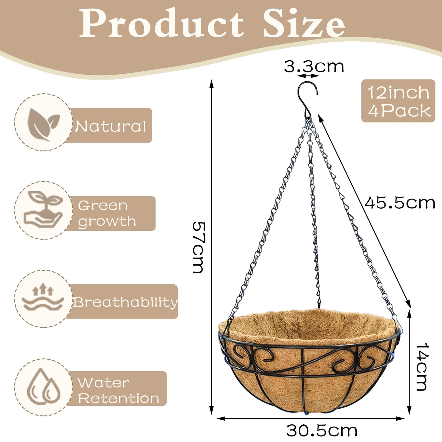 EIMQUVW Outdoor Metal Hanging Planters Basket (4pack, 12 inch) Hanging Baskets for Plants Chain Round Wire Plant Holder with Coco Fiber Liners for Garden, Patio, Deck, Porch(Flower Border)
