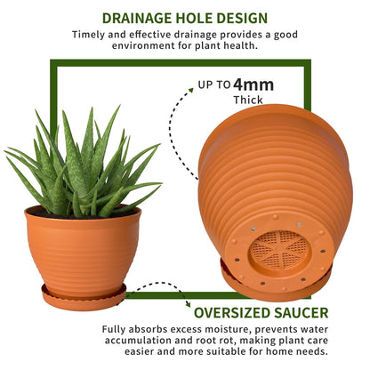 OUMUHE 13.8 Inch Round Plastic Planters Urns with Drainage and Saucers, Set of 2, Large Flower Pots for Indoor Outdoor Plants, Available in Terracotta & White (Terracotta)
