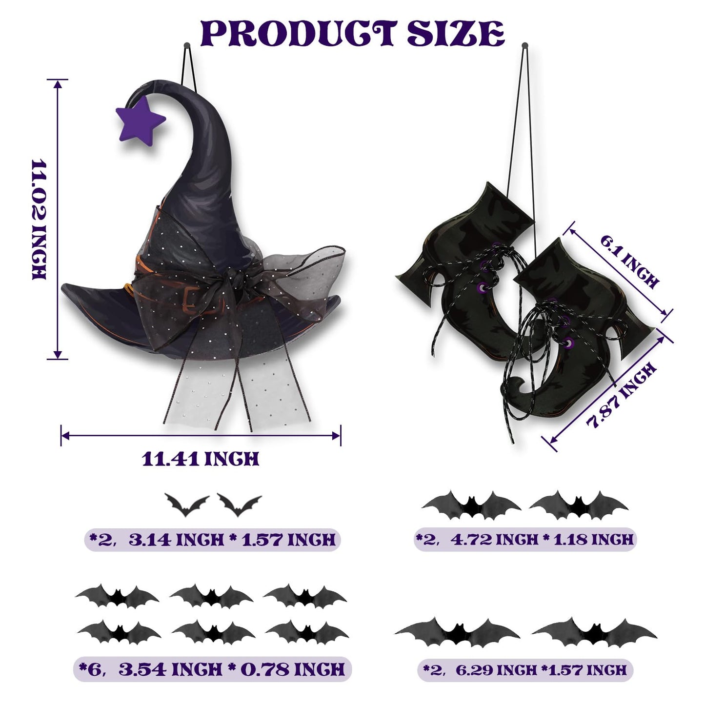 Halloween Witch Hanging Door Decor - Hocus Pocus Hat Shoes Sign Wreath Wooden Decorations with Bats for Wall Outdoor