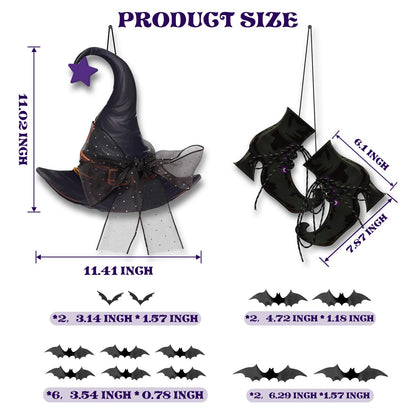 Halloween Witch Hanging Door Decor - Hocus Pocus Hat Shoes Sign Wreath Wooden Decorations with Bats for Wall Outdoor