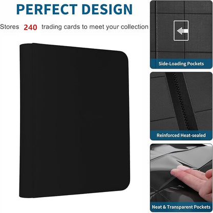 Trading Card Binder 4 Pocket, 240 Pockets Ringless PU Cover Card Collection Binder, Double Sided Card Binder Collector Album, Card Folder for MTG, TCG, Sports Cards, Game Card (Black, 4Pockets)