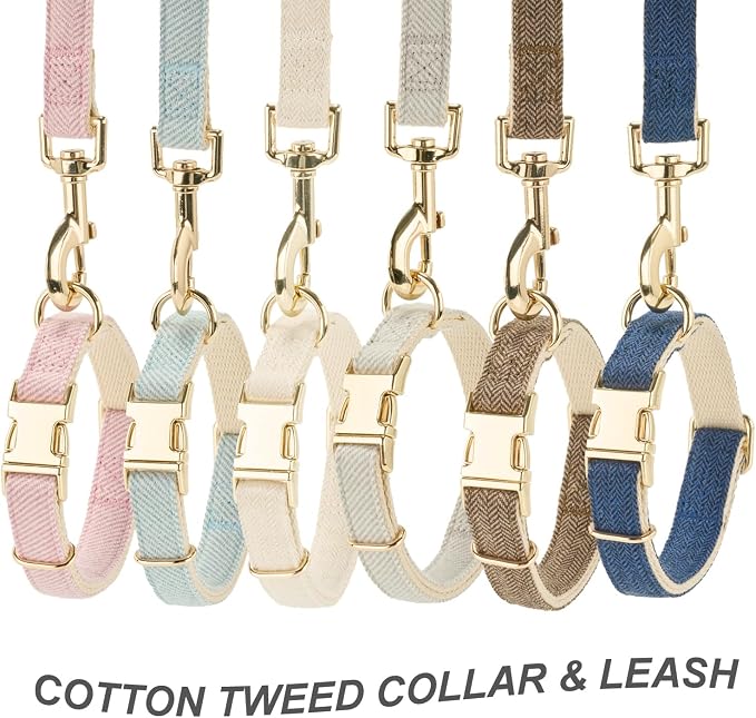 Luxury Soft Cotton Tweed Fabric Dog Collar & Leash Set with Gold Buckle – Durable Fabric, Stylish Design for Everyday Walks(Small Coffee)