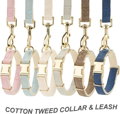 Luxury Soft Cotton Tweed Fabric Dog Collar & Leash Set with Gold Buckle – Durable Fabric, Stylish Design for Everyday Walks(Large Coffee)