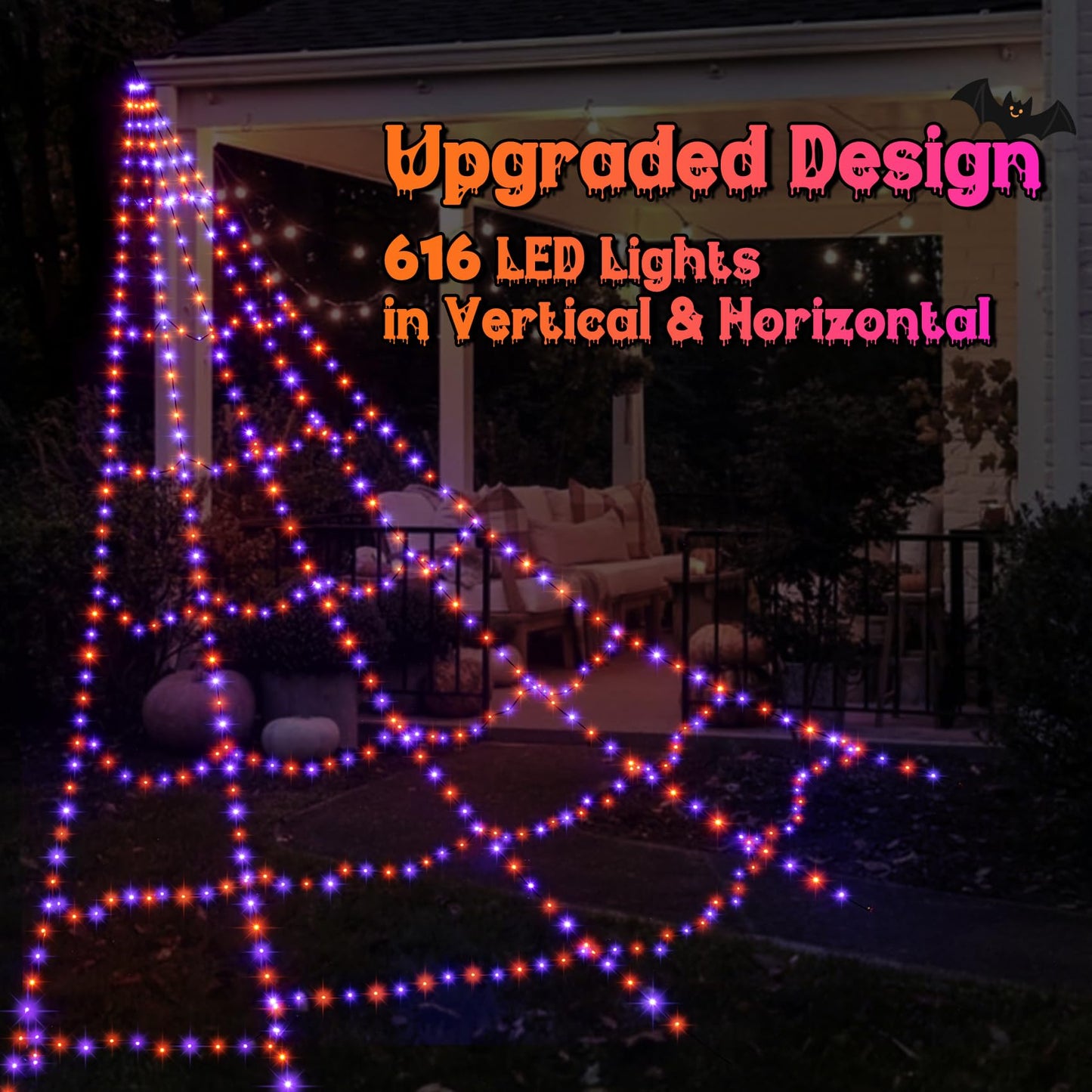 LED Spider Web Lights for Halloween Decorations Outdoor - 616 LEDs, 8 Lighting Modes, 16.4 Ft Light Up Giant Web (Purple & Orange)