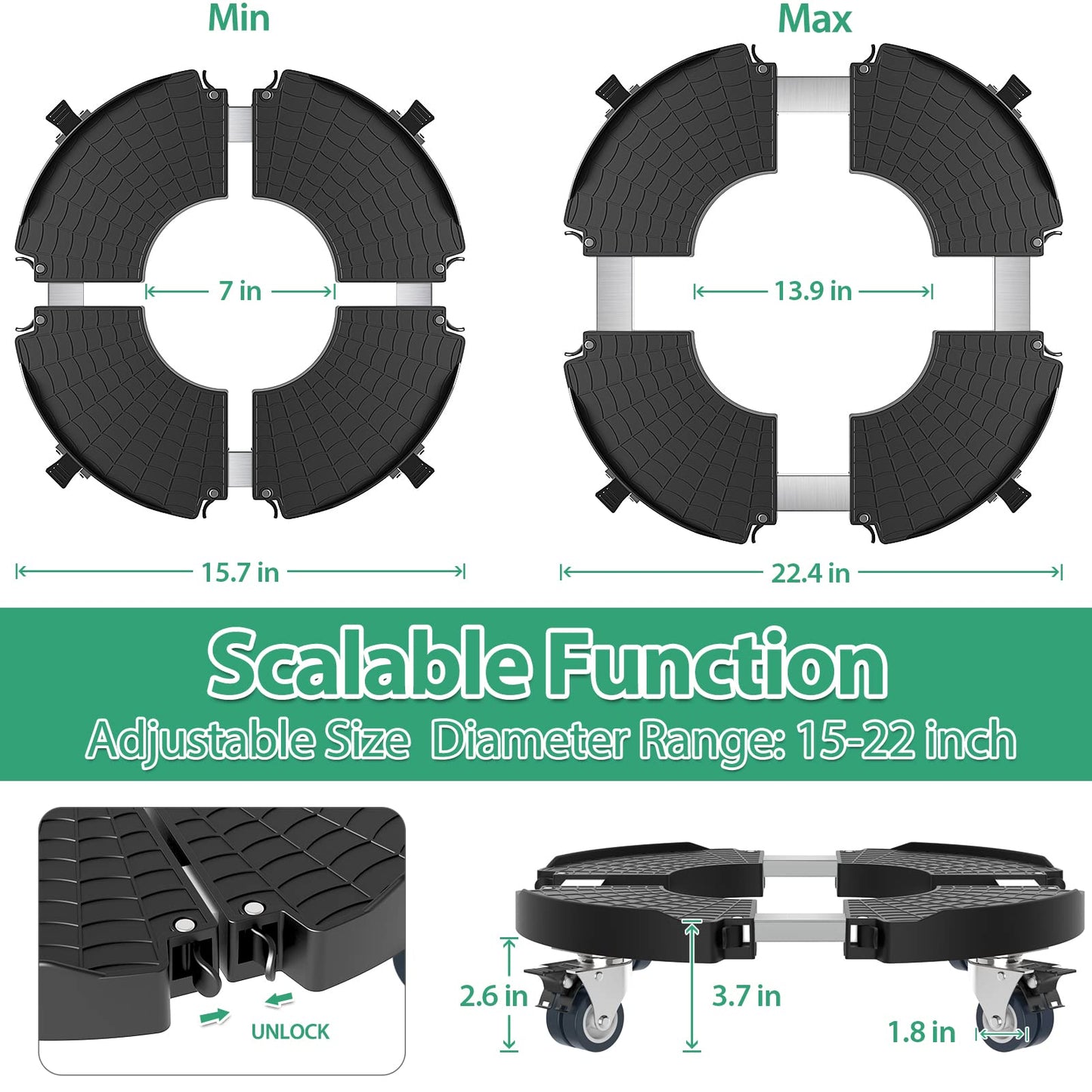 VANCASTLE Plant Caddy with Lockable Wheels Heavy Duty 450lbs Capacity, 15-22 Inch Adjustable Plant Stand with Wheels Rolling base, Plant Dolly for Flower Pot Mover Indoor Outdoor, Black, 2 Pack
