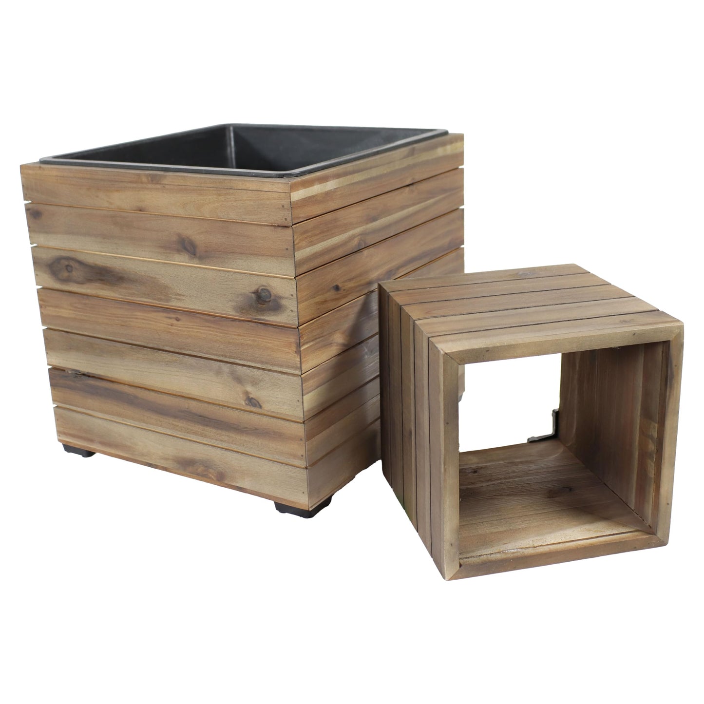 Sunnydaze Outdoor Wooden Planter Boxes - 2 Acacia Wood Square Plant Pots with Removable Liners - Anthracite Stain