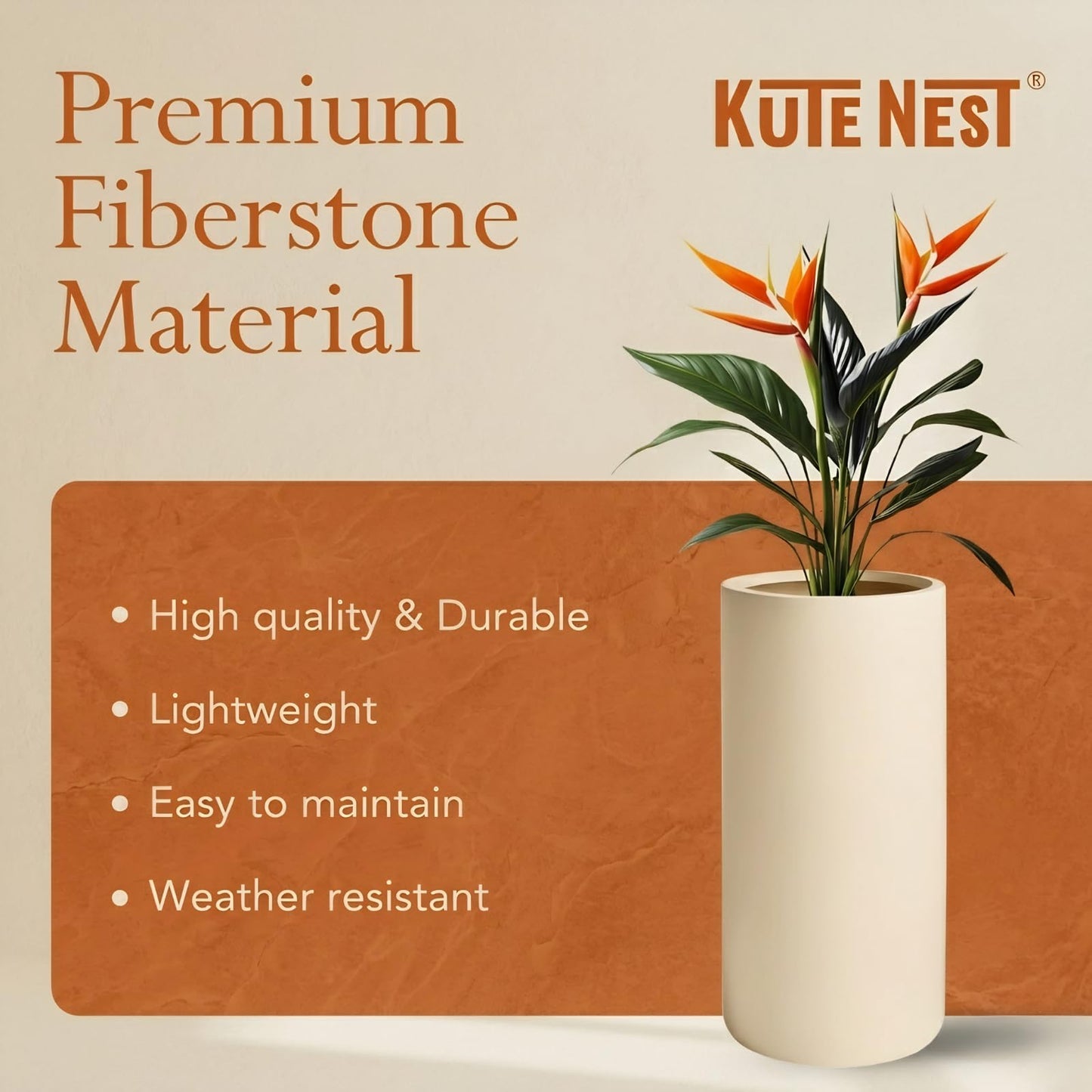 KUTE NEST 19.5" H x 9.8" D Premium Tubo Fiberstone Cylinder Tall Planter with Drainage Hole, Smooth Finishes, Weather Resistant, Included 2 Extra Coco Mats (Kilim Beige, 8.2" Pot Opening)