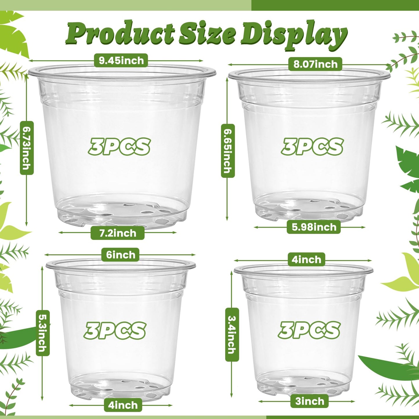 CXIIPOL 12 Pack 4/6/8/10 Inch Clear Nursery Pots for Plants, Large Size Clear Plant Pots with Drainage Holes, Plastic Nursery Pots for Indoor and Outdoor Planting Vegetables, Orchids, Aloe
