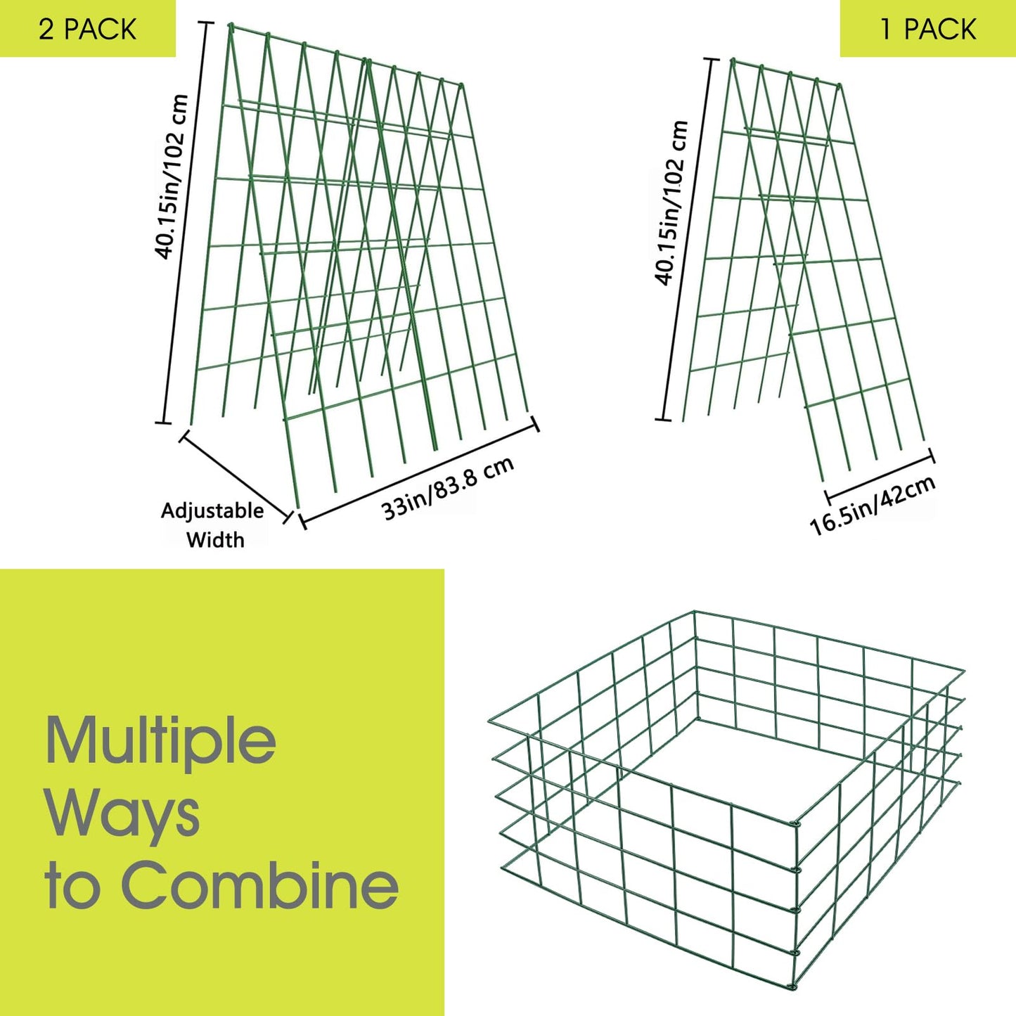 Cucumber Trellis for Raised Bed, Rifny 16.5 x 40 Inch Metal Trellis for Climbing Plants Outdoor with Plant Clips Twist Ties, Garden Plant A-Frame Trellis for Vegetable Pea Tomato (Green, 2 PCS)