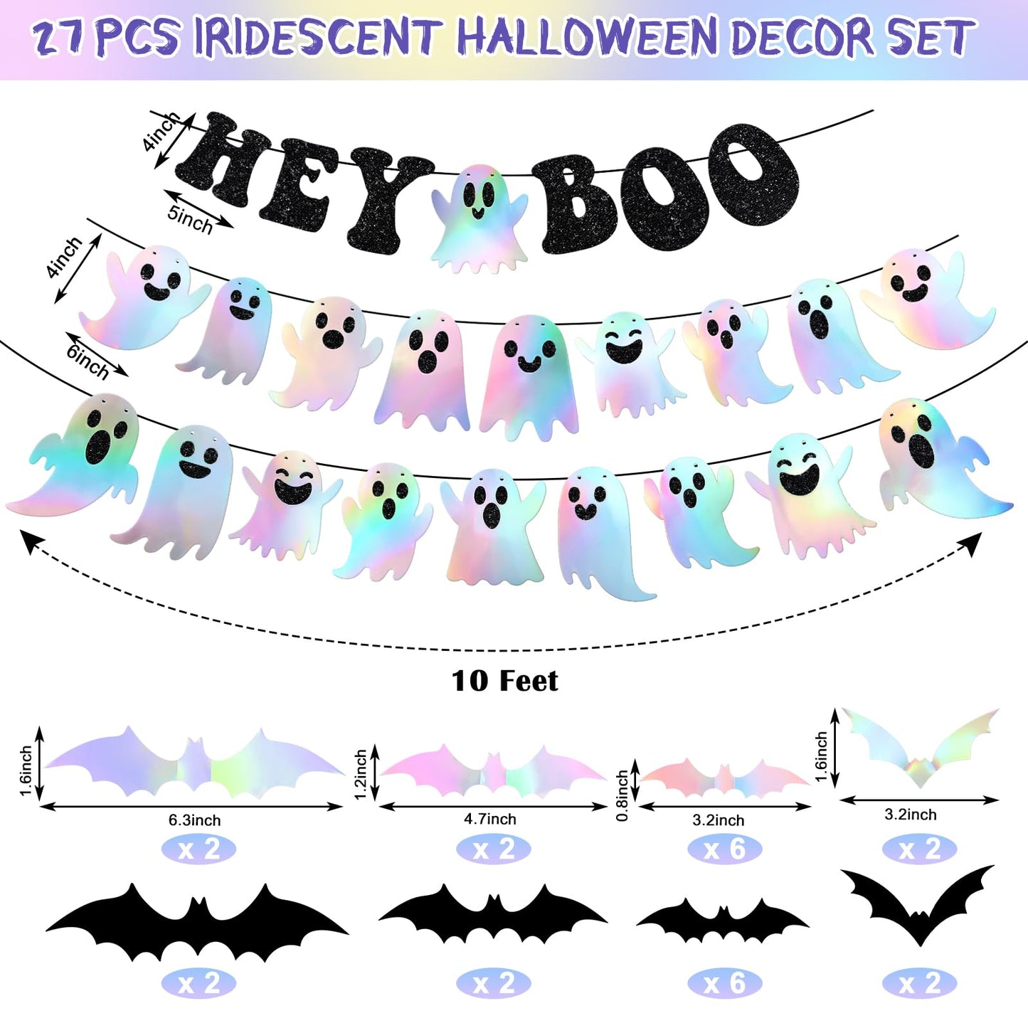 Epakh 27 Pack Iridescent Halloween Decoration Black Glitter Hey Boo Banner Holographic Ghost Garland 3D Bat Wall Sticker for Indoor Outdoor Mantel Wall Window Decor Halloween Party Decoration Supply