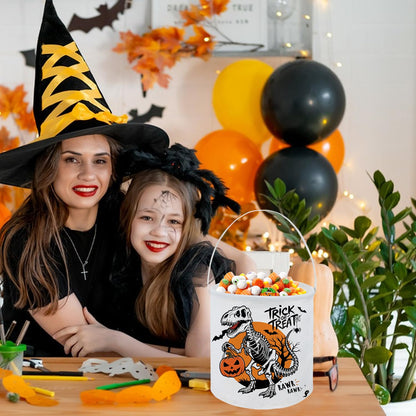 FXOCSHE Halloween Trick or Treat Bucket,Cute bucket,candy tote with handles,party supplies,holiday party decoration gift basket(Dinosaur Halloween)