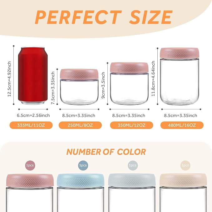 4 Pack Glass Clear Storage Canister with Airtight Lid, 12oz Overnight Oats Containers, Small Cute Decorative Pantry Jar for Snacks, Yogurt, Cereal, Fruit, Salad, Spice, Sugar, Coffee, Tea
