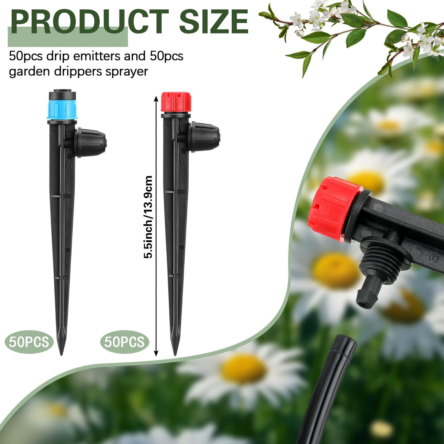 Glooglitter 100 Pcs Drip Irrigation Emitters for 1/4" Tubing 50 Micro Irrigation Emitters Sprayer 50 Adjustable 360 Degree Water Flow Drippers for Garden Irrigation System(Red, Blue, Latch)