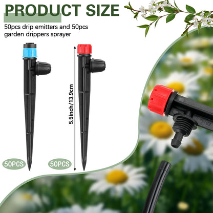 Glooglitter 100 Pcs Drip Irrigation Emitters for 1/4" Tubing 50 Micro Irrigation Emitters Sprayer 50 Adjustable 360 Degree Water Flow Drippers for Garden Irrigation System(Red, Blue, Latch)