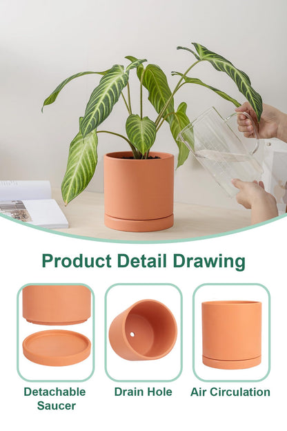 vensovo Terracotta Pots with Drainage and Saucers - 3.5/4.2/5.2/6.0 Inch Clay Planters Set of 4, Round Cylinder Flower Pots for Succulents, Herbs, Indoor Outdoor Plants
