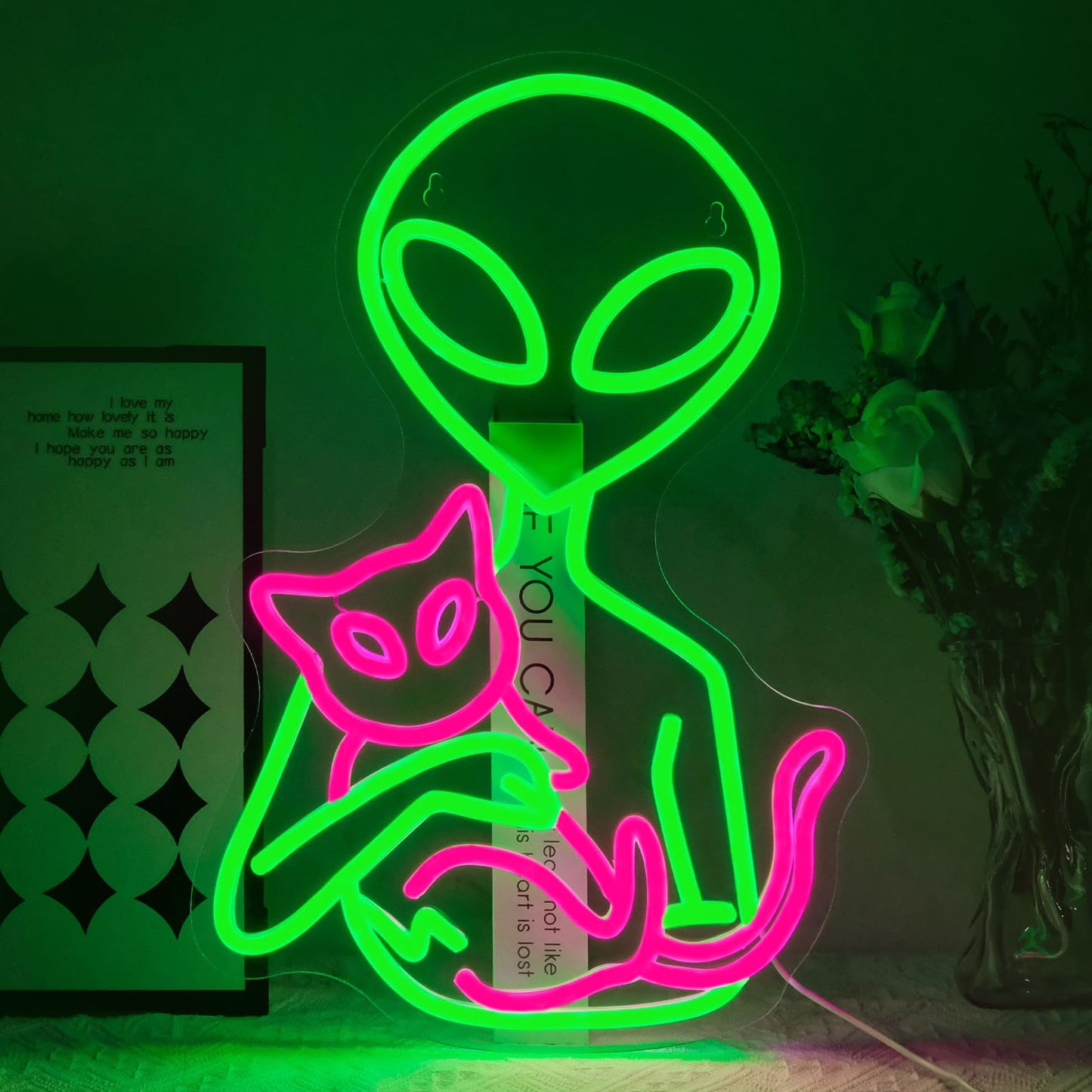 Alien Neon Sign for Wall Decor Dimmable Aliens Cat Led Lights Signs for Bedroom Green Neon Light for Game Room Man Cave Bedroom Party Decoration Gift for Kids Boys