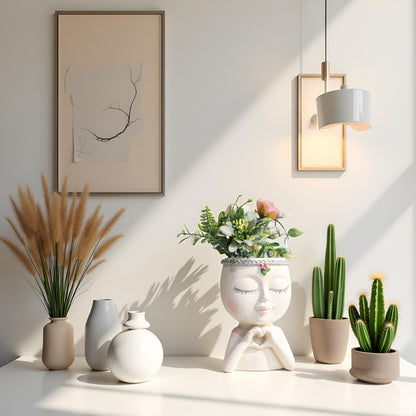 Yoohspoe GAFBV Face Planter Cute Resin Cactus for Indoor and Outdoor Plants Face Vase Home Decor Funny Succulent Pots (White-Genie)