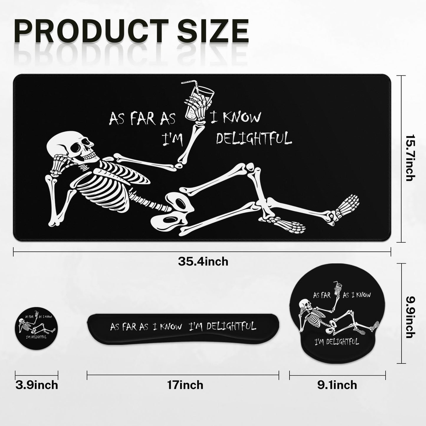 Britimes Black Skull Skeleton Keyboard Mouse Pad Set 4in1 Large Mousepad+Keyboard Wrist Rest+Mouse Wrist Rest+Coaster Set with Ergonomic Design for Home Office Computer 35.4x15.7 inches