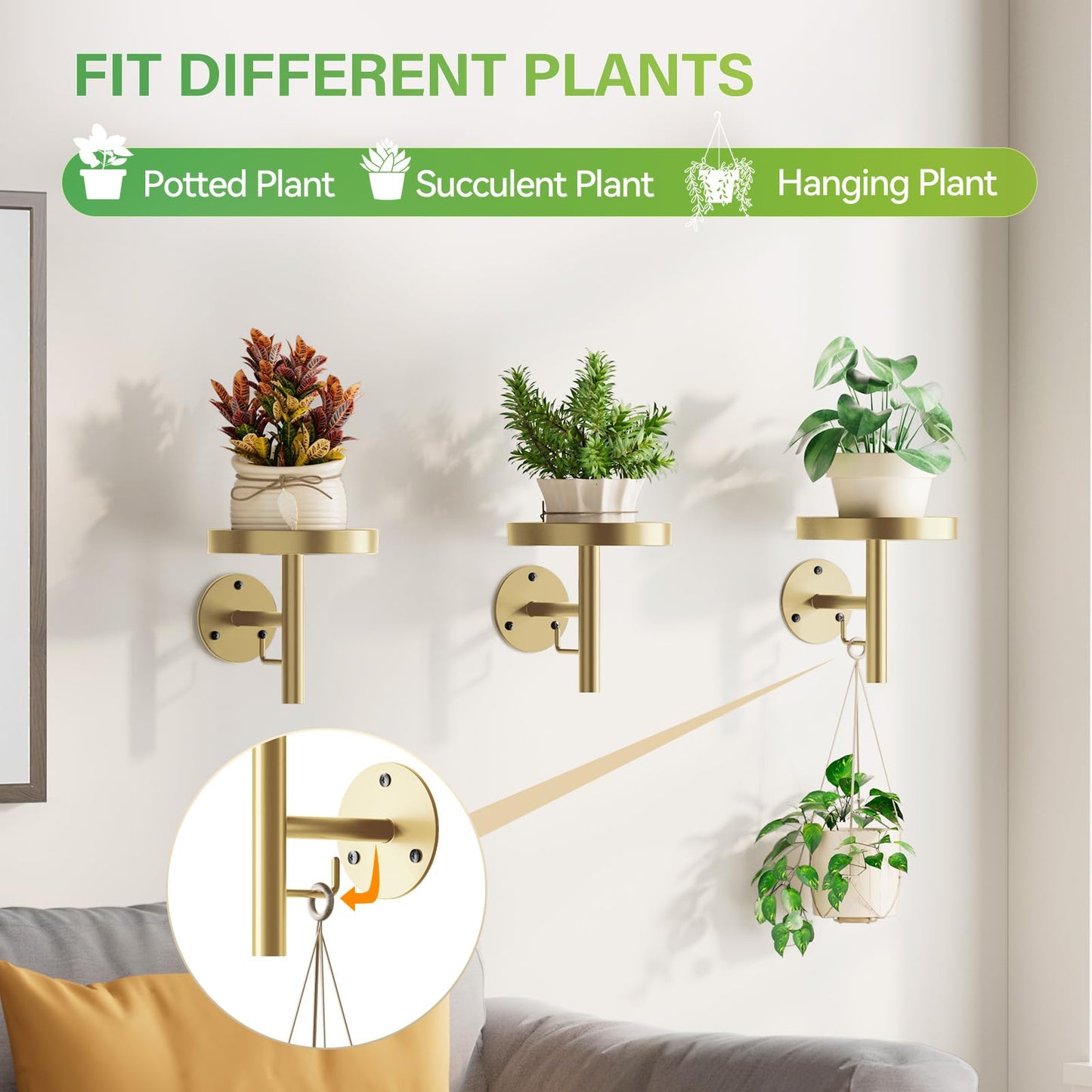 DELLAN Wall Plant Holder, 3 Pack Metal Wall Planters Stand Floating Shelves for Indoor Plants, Window Sill Plant Decor for Bedroom, Bathroom, Living Room, Home, Office, All Gold