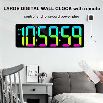 17.2" Large Digital Timer Wall Clock with Remote Control, Count Down Up Digital Timer, Auto DST LED Big Digital Clock for Bedroom Kitchen Living Room Office Gym Home Decor, RGB