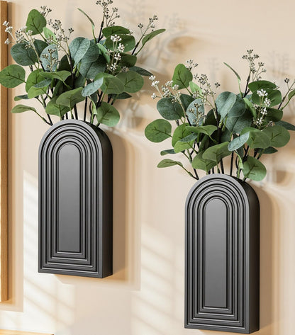DREAMLOOM 2 Pack Wooden Wall Vases with Fake Plants, Wall Hanging Planters Boho Modern Farmhouse Indoor for Narrow Spaces Entryway Bathroom Home Office Decoration, Black