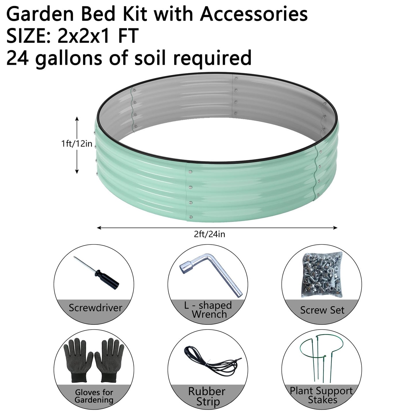 ZFHgarden Galvanized Metal Planter Round Raised Garden Bed Kit for Gardening Outdoor，2x2x1ft Grow Garden Box Raised Flower Bed，Round Galvanized Planter Outdoor Metal Fire Pit Ring Green
