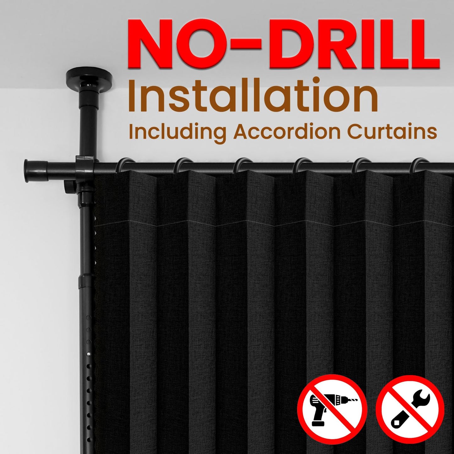100% Blackout Room Divider Curtains Sets Black 1 Panel W100 x L84in No Drill Curtain Rods(H) 43-120×(W) 35-100 in for Bedroom Privacy Partition Separator