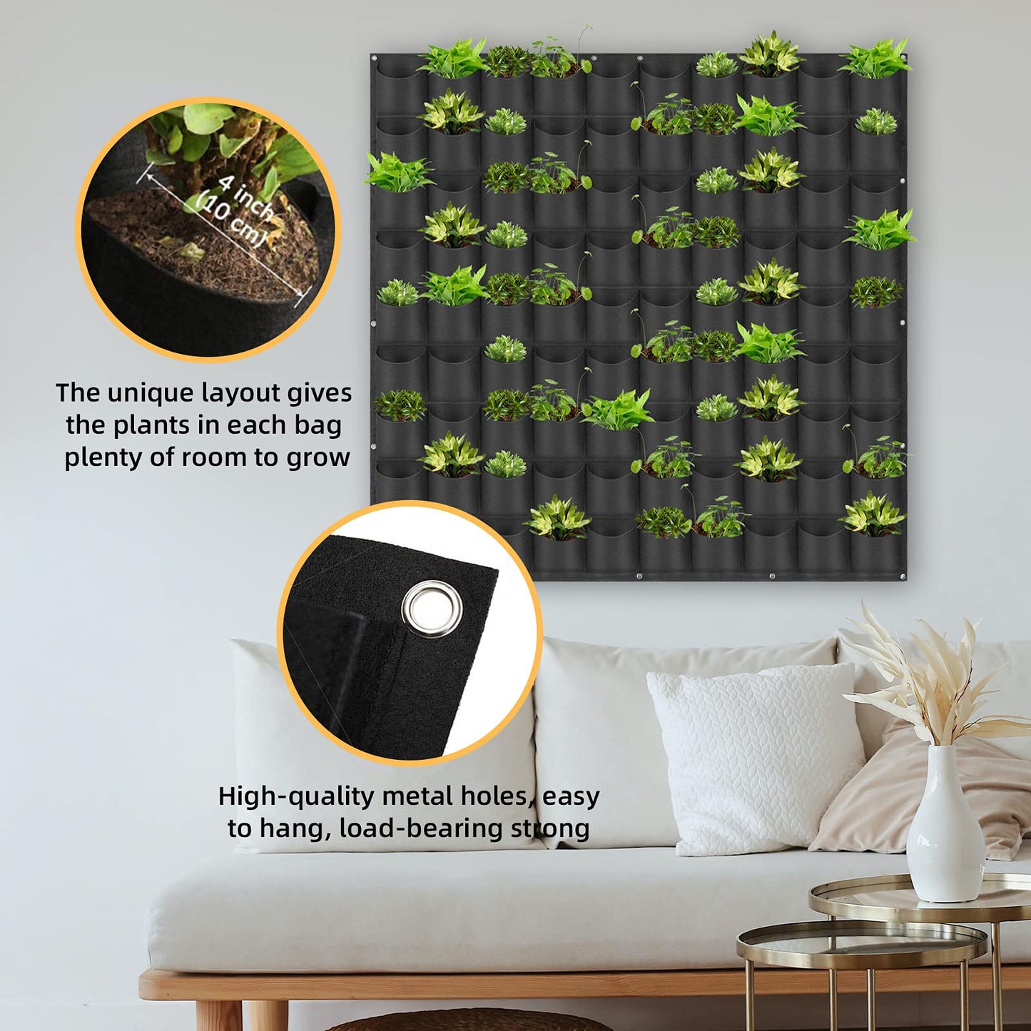Hanging Planting Grow Bags, 90 Pockets Wall Planter Wall Mounted Grow Bag Outdoor Indoor Gardening Vertical Greening Flower Container, Planting Bags Storage Bags(1.1 m × 1.1 m, Black)