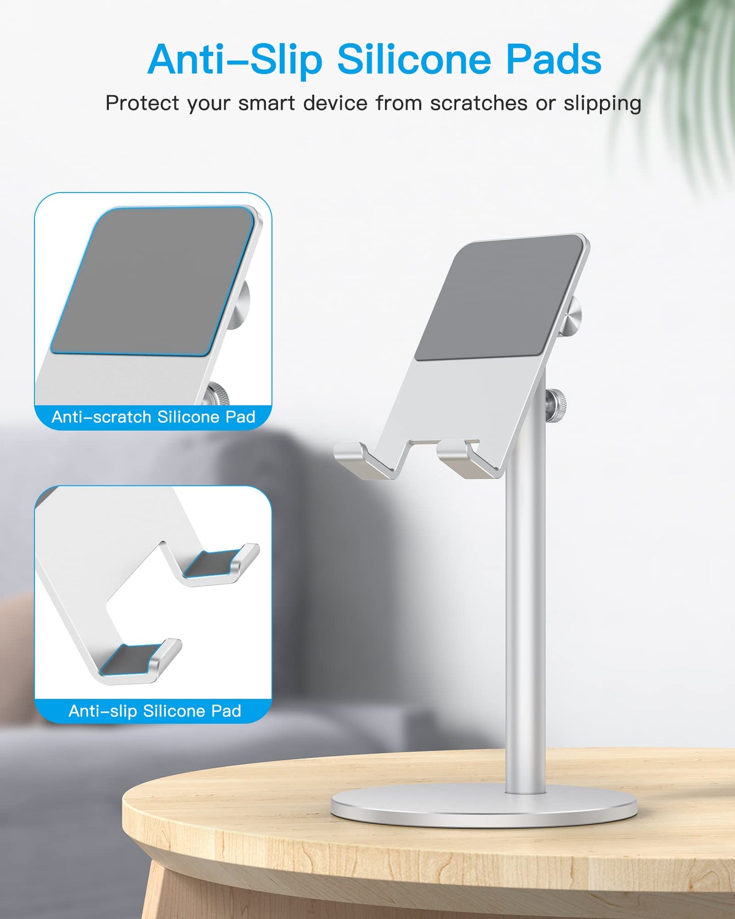 OMOTON Cell Phone Stand, Angle Height Adjustable Phone Holder, Aluminum Desktop Phone Dock for Desk, Compatible with iPhone 17 Pro Max, All Smartphones and Tablets(4-11''), Silver