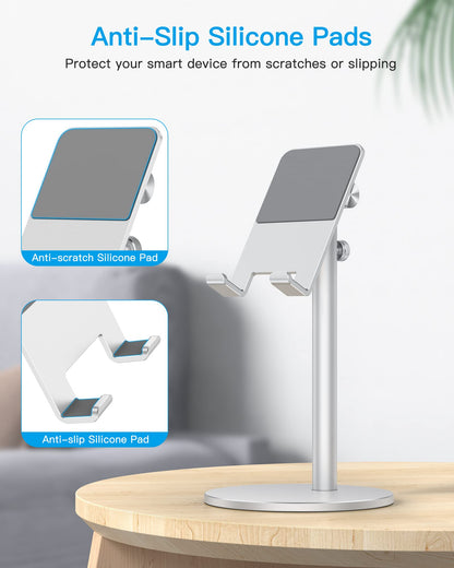 OMOTON Cell Phone Stand, Angle Height Adjustable Phone Holder, Aluminum Desktop Phone Dock for Desk, Compatible with iPhone 17 Pro Max, All Smartphones and Tablets(4-11''), Silver