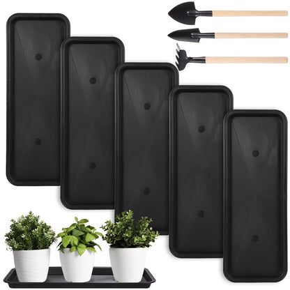 OMISTAR 5 Pcs Plastic Plant Drip Trays 16 Inch, Rectangular Plant Saucer, Black Saucer Pans with Small Digging Tool for Indoors Outdoors, 15.7 x 5.9 x 0.7 Inch
