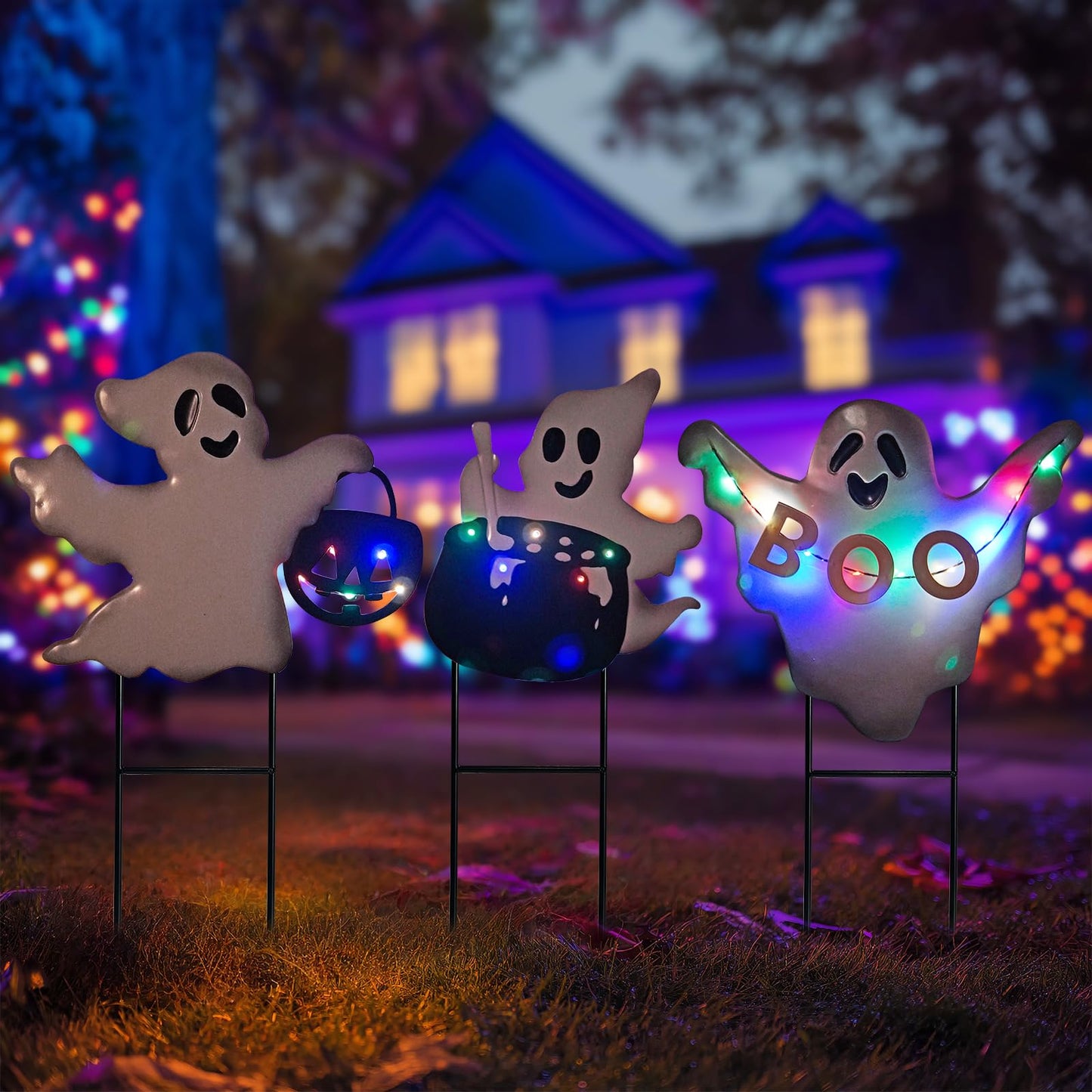 HONGLAND Solar Powered Halloween Yard Stakes, 3 Pack 24" Metal Outdoor Decor with Ghost, Pumpkin and Cauldron for Garden, Lawn, Patio
