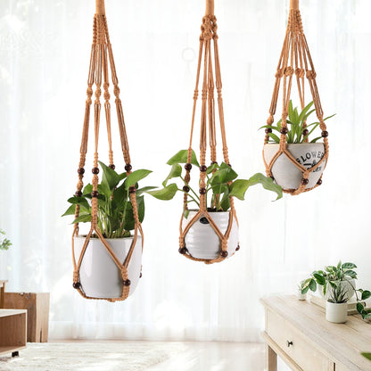 MKO SHUN 3-Pack Macrame Plant Hanger Indoor - Hanging Planter Basket for Indoor Outdoor - Decorative Boho Plant Holders Set with Beads - Ceiling Flower Pot Holder with 6 Hooks - 35"/30"/24" Brown