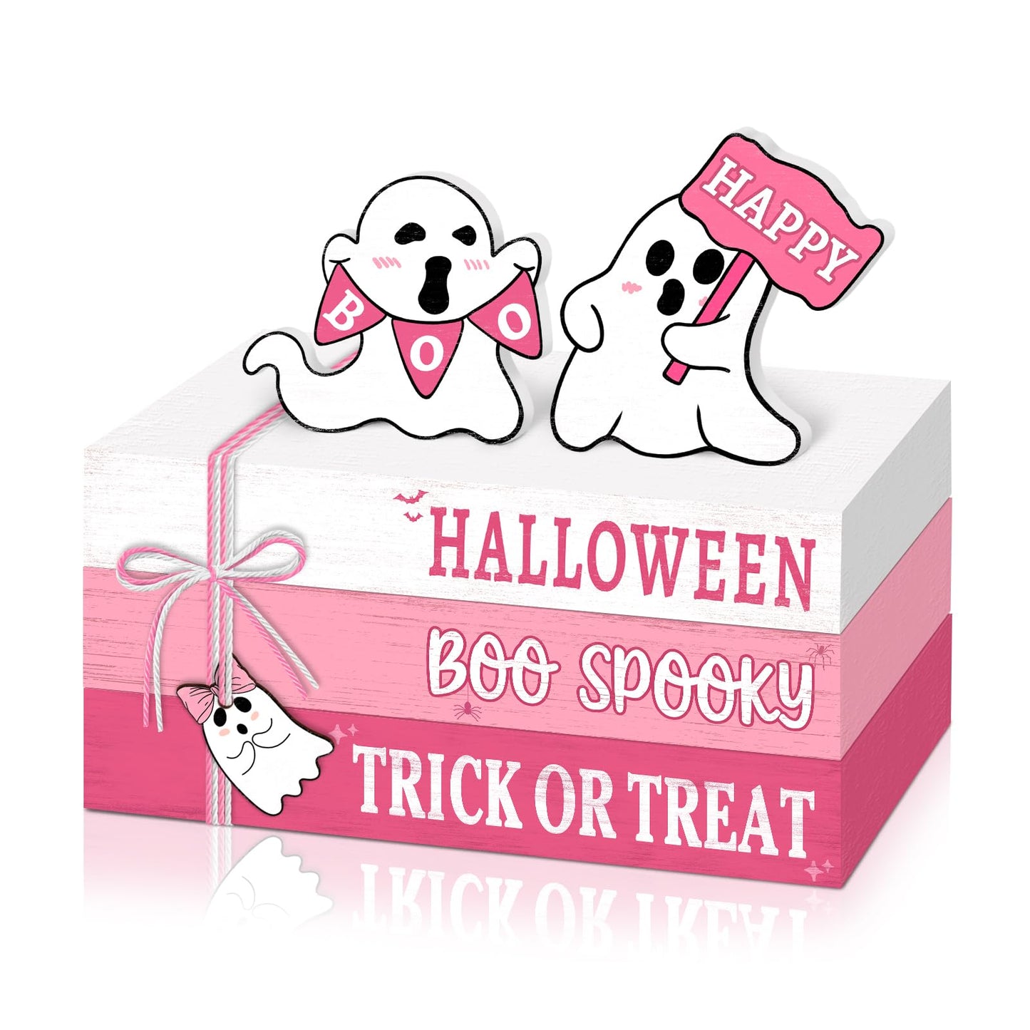 Culudea 6 Pcs Halloween Decorations for home Pink Ghost Wooden Book Stack Sign Halloween Table Decor Tiered Tray Decor with Hanging Ghost Boo Table Centerpiece for Home Shelf Mantel