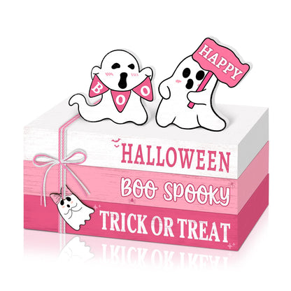 Culudea 6 Pcs Halloween Decorations for home Pink Ghost Wooden Book Stack Sign Halloween Table Decor Tiered Tray Decor with Hanging Ghost Boo Table Centerpiece for Home Shelf Mantel