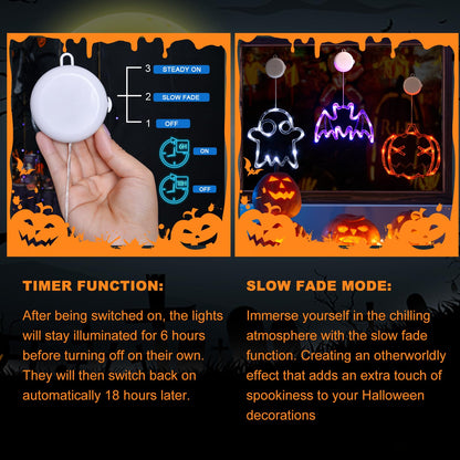 LOLStar Halloween LED Lights Decorations 2025 Orange Pumpkin White Ghost Purple Bat Window Display with Suction Cups, Battery Operated Window Decor Slow Fade Mode and Timer 3-Pack