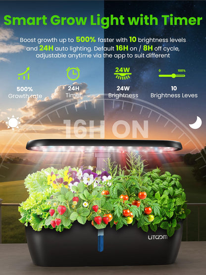 litokam Hydroponics Growing System Kit, 15-Pod Indoor Herb Garden Planter with 24W Grow Light & APP Control, Indoor Gardening System with 2 Grow Modes, Quiet Pump & 24H Timer
