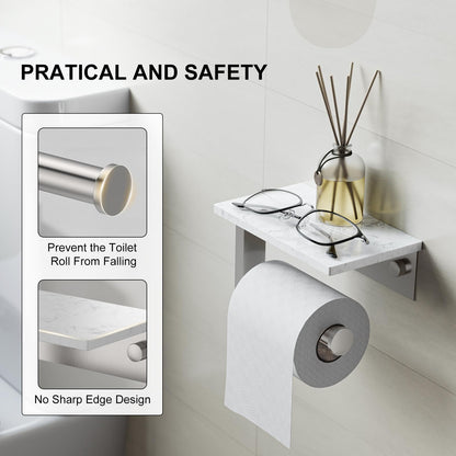 BATHLAVISH Toilet Paper Holder with Marble Shelf, 304 Stainless Steel Tissue Hand Holder Wall Mounted Toilet Paper Roll Hold with Phone Shelf for Bathroom Kitchen Washroom Bedroom, Brushed Nickel
