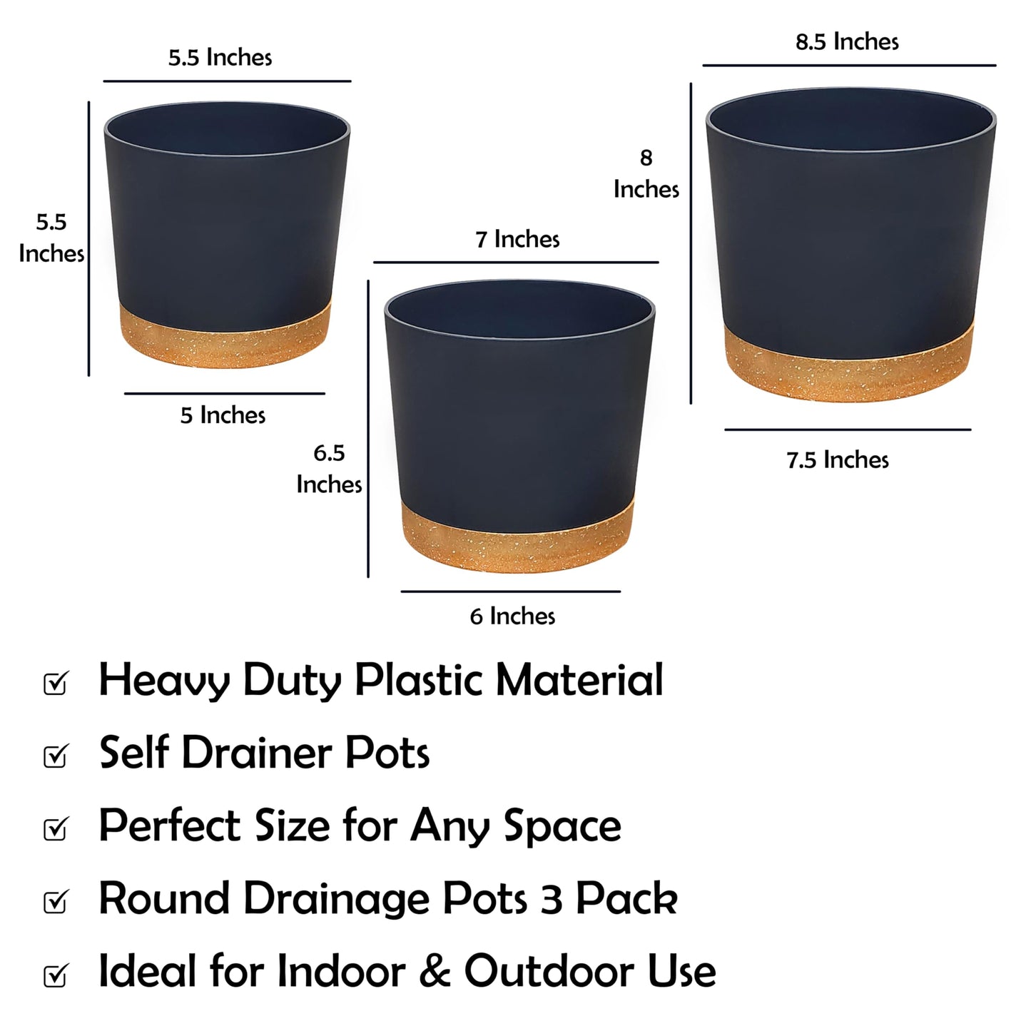 RUBBER BOND Plastic Plant Pots 3 Pack - Modern Indoor/Outdoor Planters for Home Decor - Weather-Resistant Flower Pots - Ideal for Stylish Garden and Patio Decor (Grey Round)