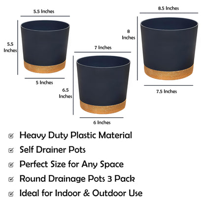 RUBBER BOND Plastic Plant Pots 3 Pack - Modern Indoor/Outdoor Planters for Home Decor - Weather-Resistant Flower Pots - Ideal for Stylish Garden and Patio Decor (Grey Round)