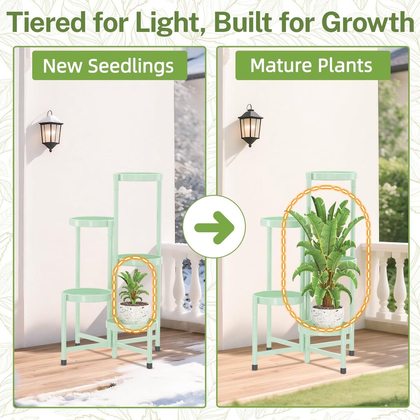 iDavosic.ly Plant Stand Indoor Outdoor, 5 Tier Corner Metal Flower Display Holder Shelf, Folding Tall Orchid Rack for Patio Balcony Porch Garden Living Room House, Light Green