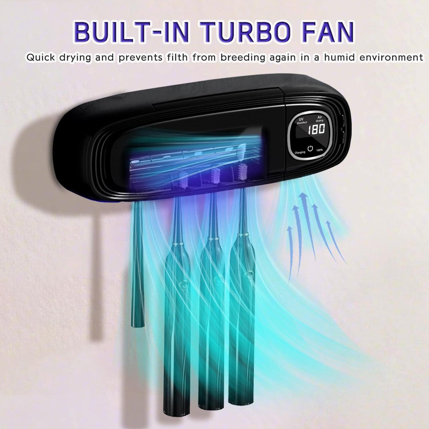 Wall Mounted Toothbrush Holders for Bathrooms, 4 Slots UV Toothbrush Sanitizer and Holder with Air Drying 3000mAh Rechargeable Cordless UV Toothbrush Cleaner with Timer Function & No Drilling (Black)