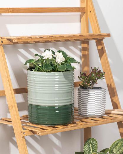 Fayoula Self Watering Pots for Indoor Plants, 6 Inch Ceramic Self Watering Plant Pot, Planter Pot with Wick Rope and Drainage Hole for African Violet Succulent Herbs (Green Light)