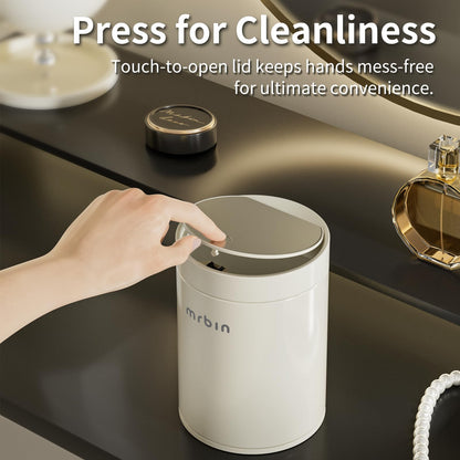 MRBIN Mini Desktop Trash Can with Press Lid, 1.5L/0.4Gal Cylindrical Stainless Steel Tabletop Garbage Bin, Cream White, Anti-Fingerprint, Small Waste Basket for Desk, Vanity, Office, Bedroom