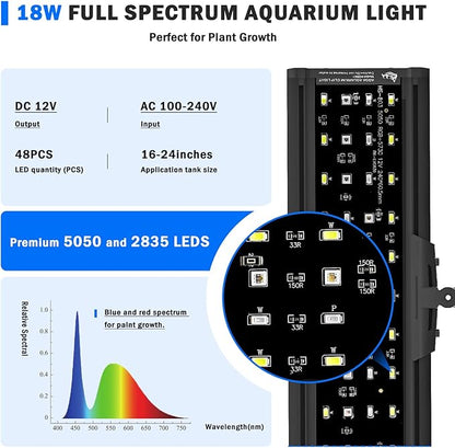 AQQA LED Aquarium Light, 24/7 Mode Clip on Fish Tank Light with Memory Function, DIY Mode Full Spectrum Aquarium Plant Light, Adjustable Timer/Brightness, IP68 Waterproof for 16-24 Inch Fish Tank 18W