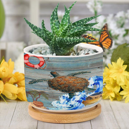 DreamAutumn Ocean Theme Sea Turtle Ceramic Pots for Plants with Drainage Holes Round Flower Pot Bamboo Tray Orchid Pot Succulents Pots for Outdoor Indoor Plants,Housewarming Gifts